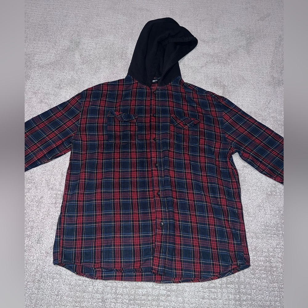 Plaid Button Up Hooded Shirt Size L
